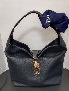 Vintage Dooney & Bourke Navy Pebbled Leather Logo Lock Hobo with Gold Hardware